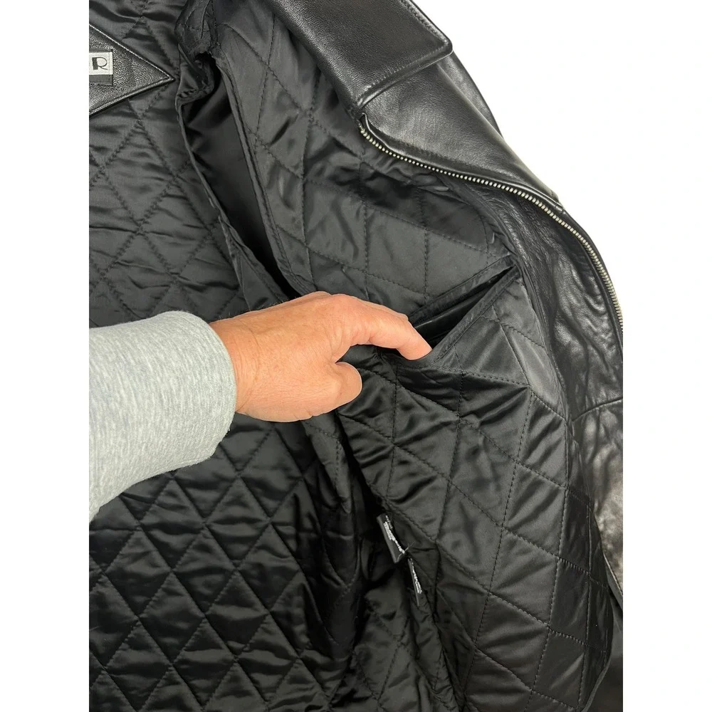 Tibor Mens Vintage Black Leather Car Coat Zip Out Thermal Lining Large
